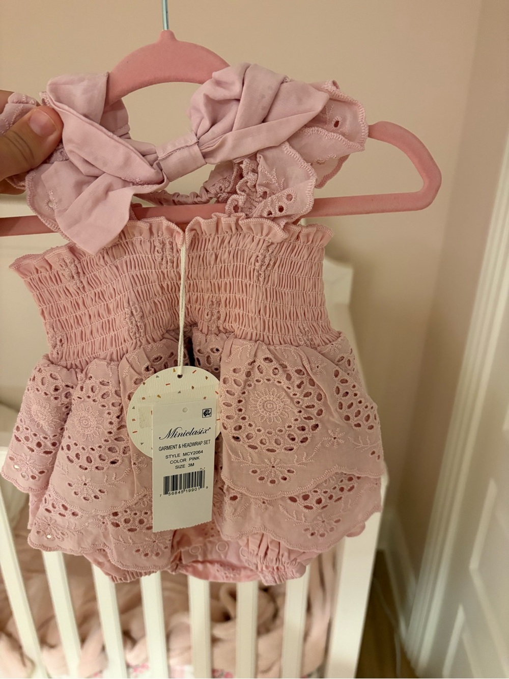NWT 3M Eyelet Smocked Baby Romper with Bow Headband